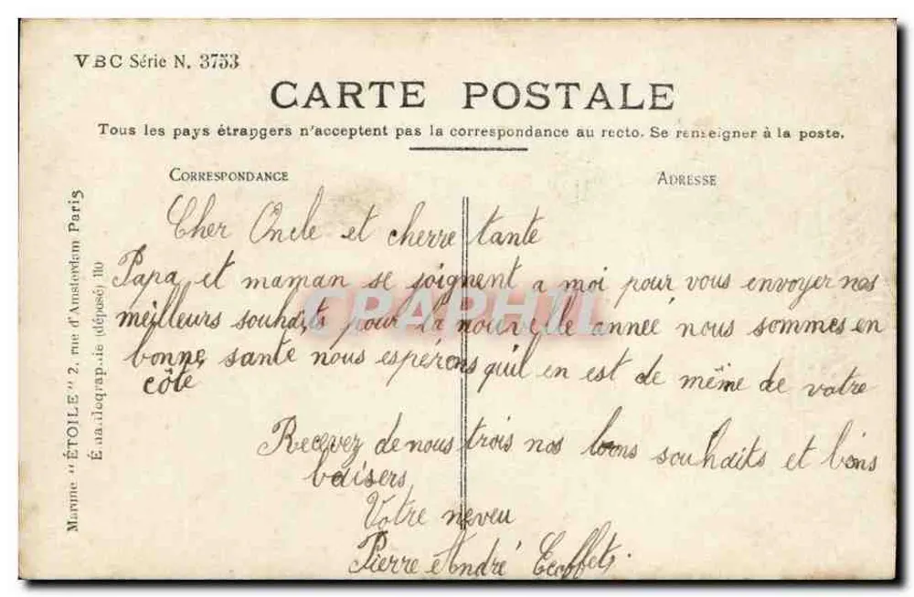 Kind und Hund — Fotostudio — Verleger 'Étoile', Paris, Serie N. 3753 - Rückseite