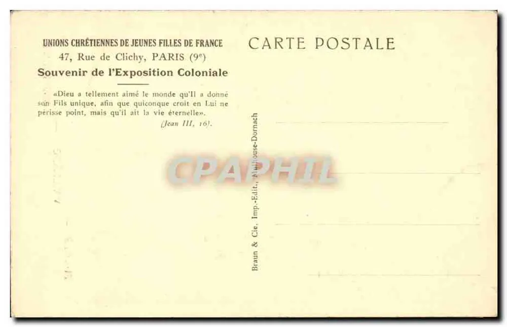 Frau in antiker Robe mit Schale — Reinheit — Mut — Gehorsam — Verlag Braun & Cie, Paris - Rückseite