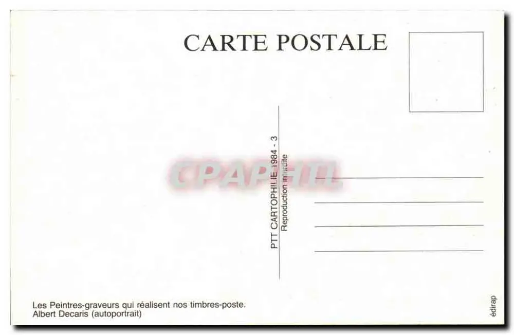 Selbstporträt von Albert Decaris — Kupferstich — Verlag Pitt Cartophilie 1984, Nr. 3 - Rückseite
