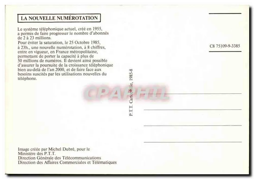 Telefonnummerierung — 25. Oktober 1985 — Ministerium für P.T.T. - Rückseite