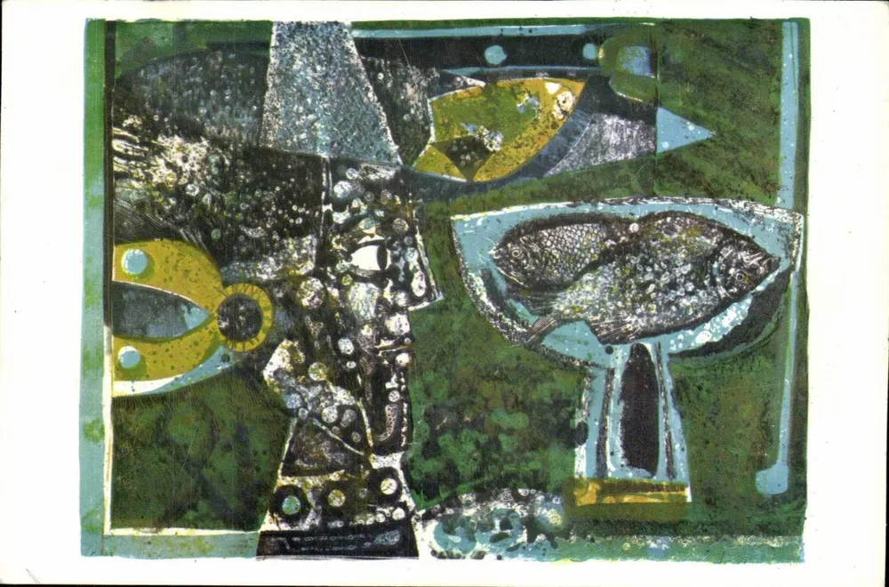 Composição abstrata — peixes e forma geométrica — editor não visível - Frente