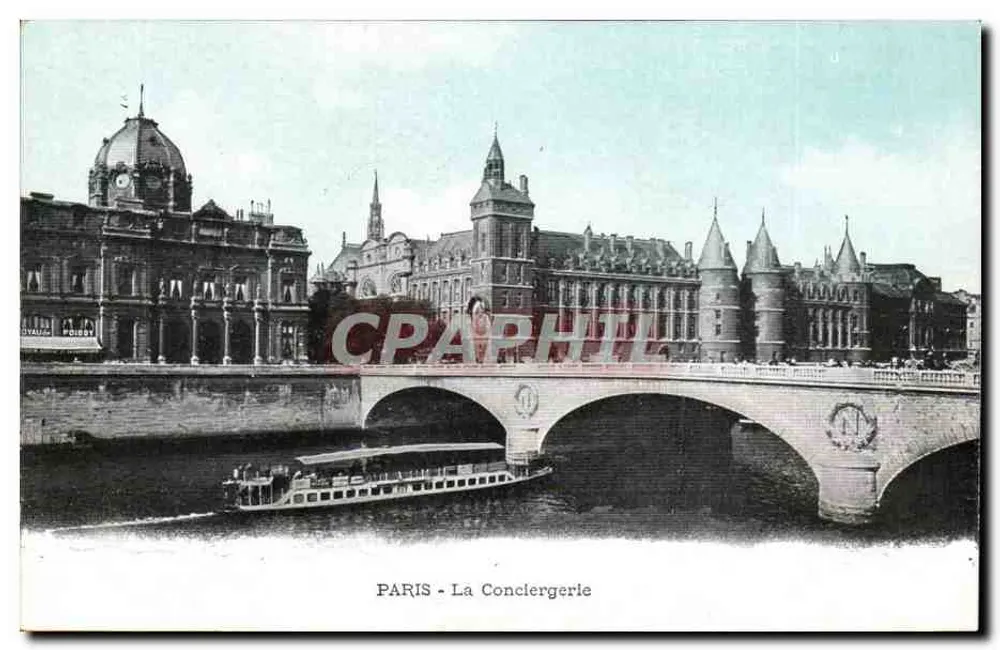 PARIS - A Conciergerie — vista do ponte e do rio com barco — editor Poiret - Frente