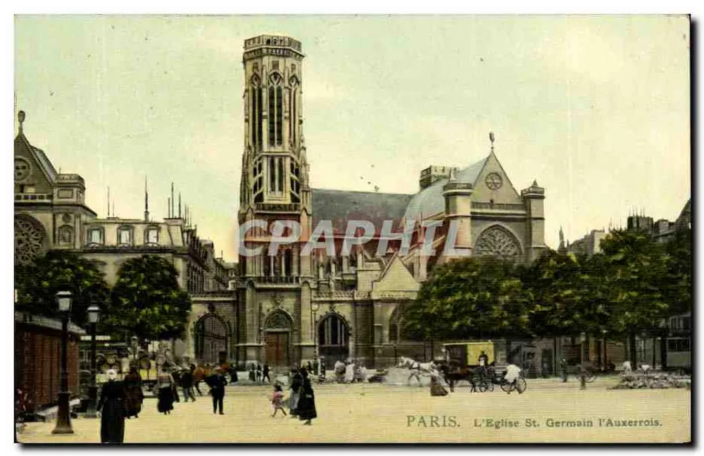 Parigi. La Chiesa di Saint-Germain-l'Auxerrois — vista della piazza con campanile e passanti — editore non visibile - Recto