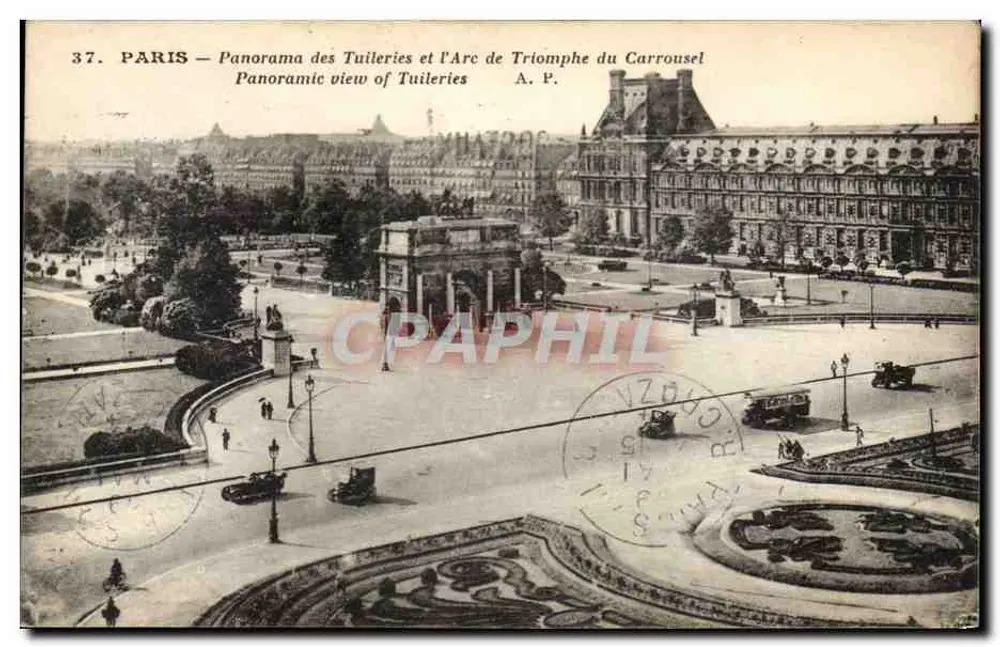 Paris — Panorama der Tuileries und der Arc de Triomphe du Carrousel — A. P. - Vorderseite