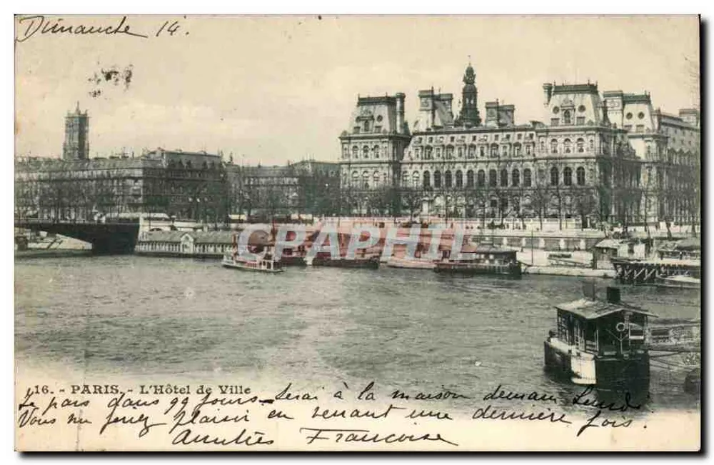 Paris - O Hotel de Ville — vista sobre a Sena com barcos — editor anônimo, n°16 - Frente