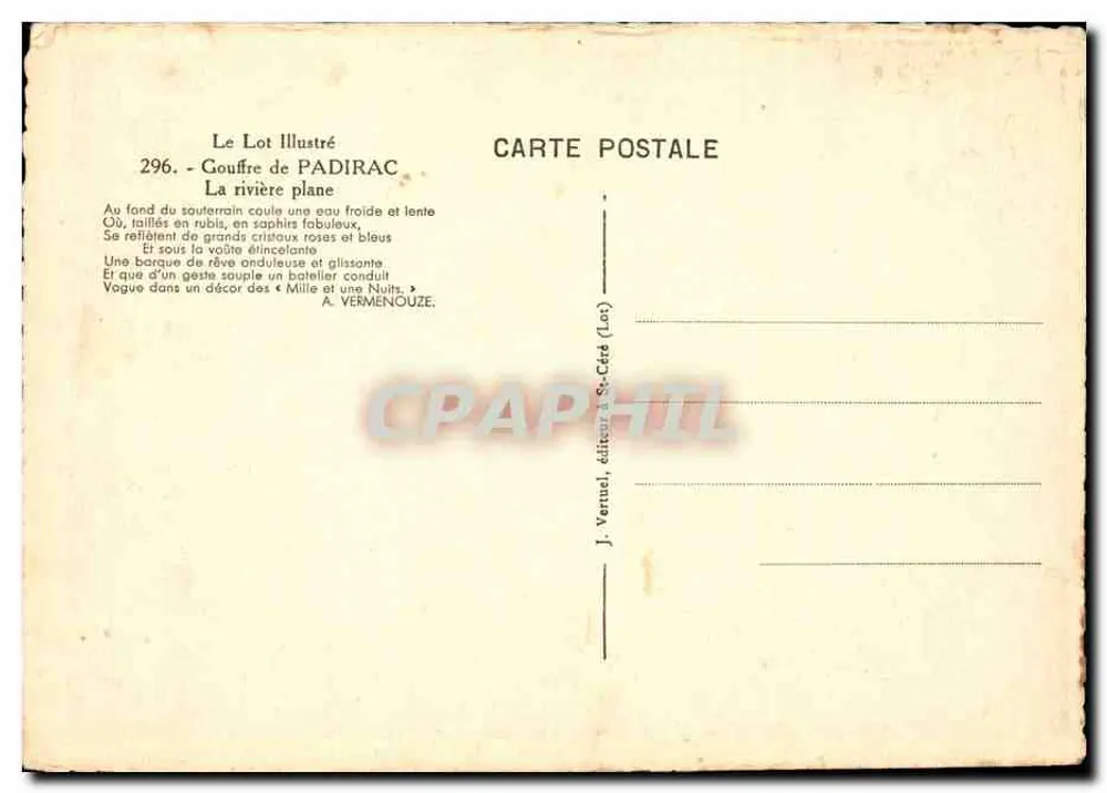 Gouffre de Padirac — O rio plano — J. Vernel, editor em St-Céré (Lot) - Verso