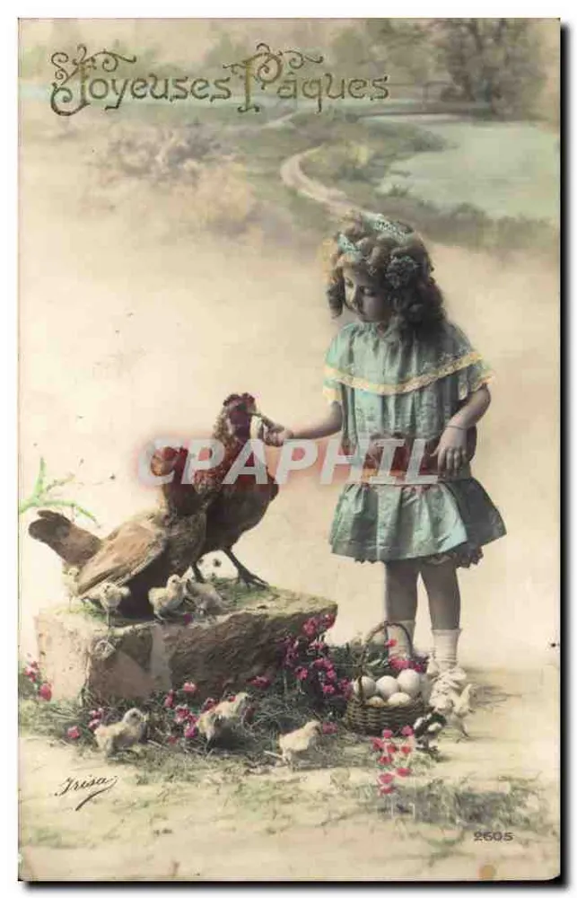 Mädchen mit Hühnern und Eiern — Frohe Ostern — Irisa, Nr. 2605 - Vorderseite