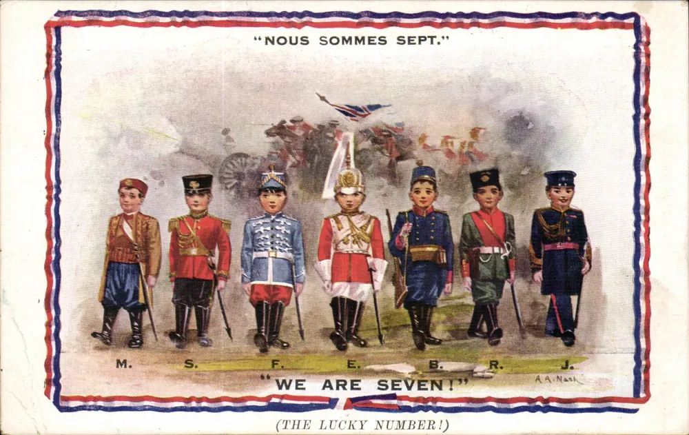 Sieben Kinder in Uniformen — 'Wir sind sieben.' — A.A. Nash, Serie 'Allies' Nr. 853 - Vorderseite