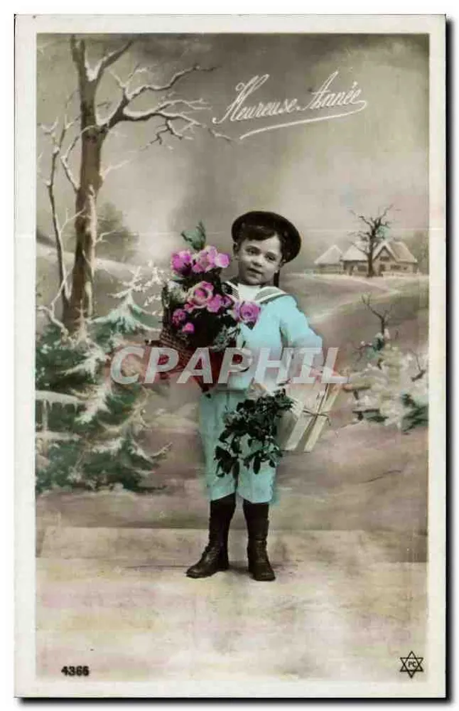 Kind in Seemannsuniform — mit Blumenstrauß und Geschenk — Nr. 4366 - Vorderseite