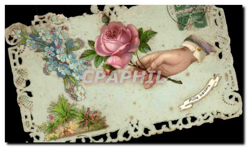 Mano que ofrece una rosa — tarjeta postal decorada — editor desconocido - Anverso