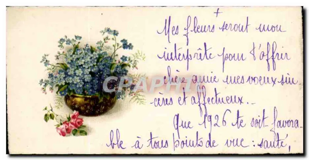Arranjo de flores — carta postal de boas-vindas — datada 1926 - Frente