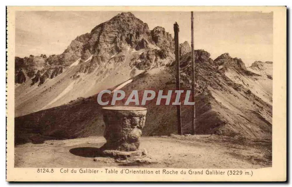 Col du Galibier — Orientierungstafel und Felsen des Grand Galibier (3229 m.) — A. Hourlier, Grenoble - Vorderseite