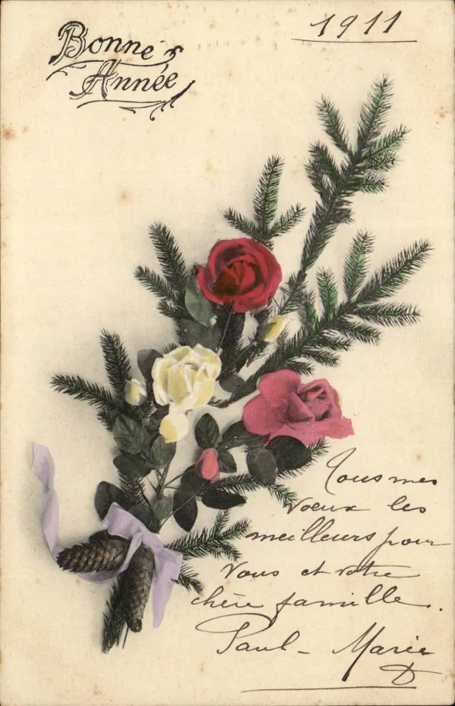 Büschel aus Rosen und Tannenzweigen — Frohe Neujahr 1911 — Serie 560 - Vorderseite