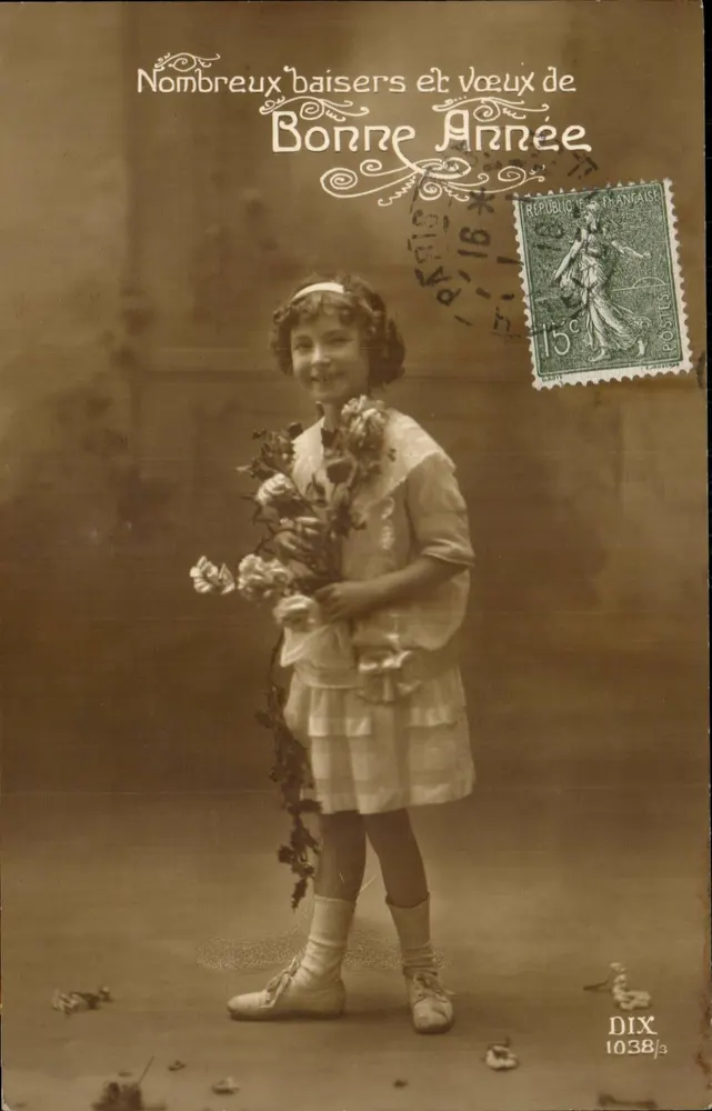 Mädchen mit Blumenstrauß — Viele Küsse und Neujahrswünsche — DIX 1038/3 - Vorderseite