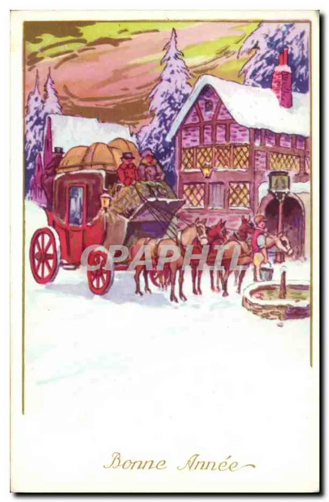 Winterlandschaft mit Kutsche — Frohe Weihnachten — Verlag nicht sichtbar - Vorderseite