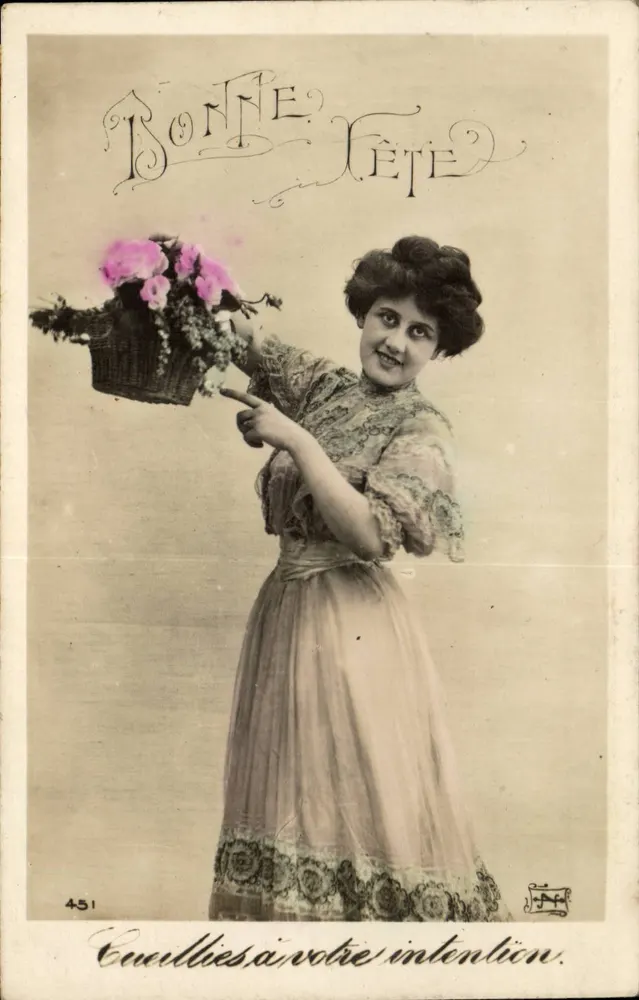 Frau mit einem Blumenkorb — Frohe Geburtstagskarte — Serie 451, Verlag H. H. - Vorderseite