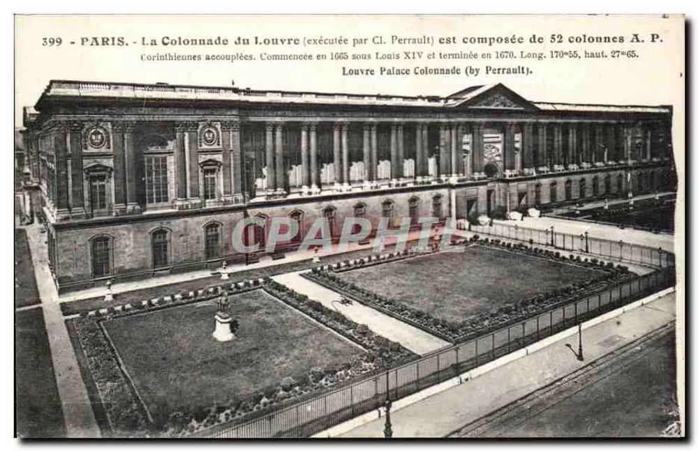 Paris - A Colunata do Louvre — executada por Cl. Perrault — editor E. Fapreghin, n° 399 - Frente