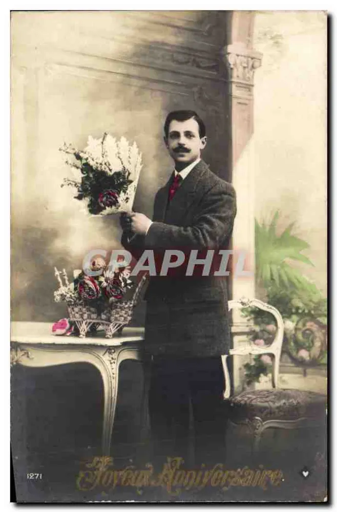 Junge Mann mit Blumenstrauß — Geburtstag — Graphphil, n°1271 - Vorderseite