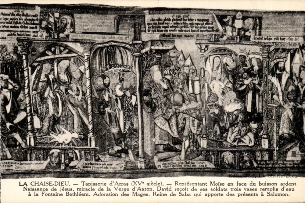 La Chaise-Dieu — Arras-Tapisserie (15. Jahrhundert) — Darstellung Mose vor dem brennenden Busch, Geburt Jesu, Wunder der Maria Aaron, Anbetung der Weisen, Königin von Saba bringt Geschenke an Salomo. - Vorderseite