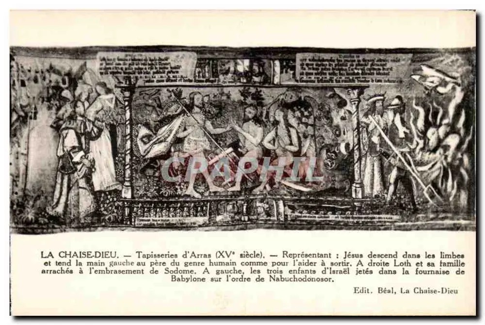 La Chaise-Dieu — Tapeten von Arras (15. Jahrhundert) — Darstellung Jesu, der in die Limbus hinabsteigt, und Lots Familie, die vor der Zerstörung von Sodom gerettet wird - Vorderseite