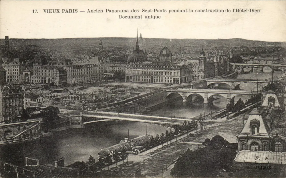 Alt Paris — Ehemaliger Panoramablick auf die Sieben Brücken während der Bauzeit des Hôtel-Dieu — F. Fleury, Paris - Vorderseite