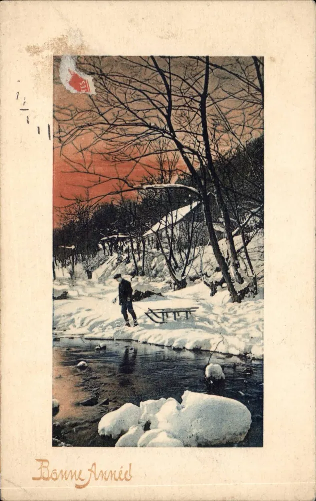 Winterlandschaft — Mann am Bach — Frohe Neujahr — unbekannter Verleger, Serie 7066 - Vorderseite