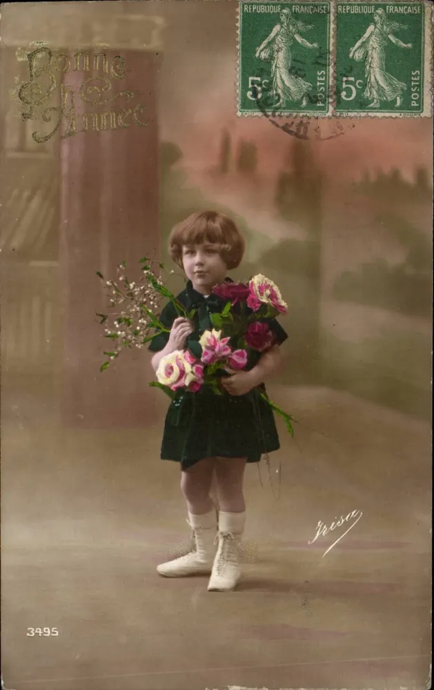 Mädchen mit Rosenstrauß — Frohe Neujahrszeit — Verleger Jeïsa, Nr. 3495 - Vorderseite
