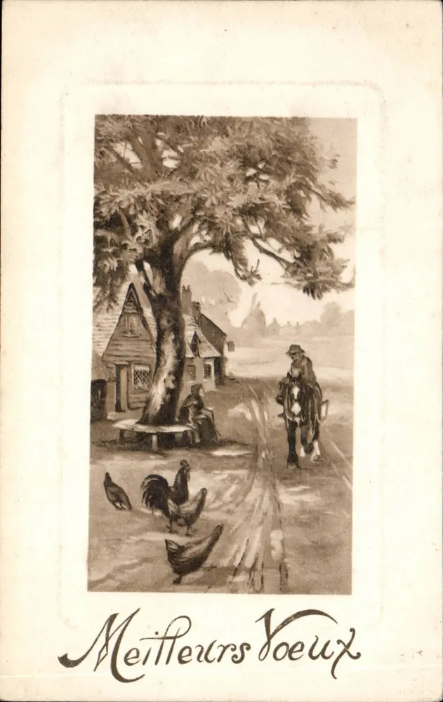 Dorfszene — Reiter und Hühner — Verlag Ville Noll-Mark, Serie S 1913 - Vorderseite