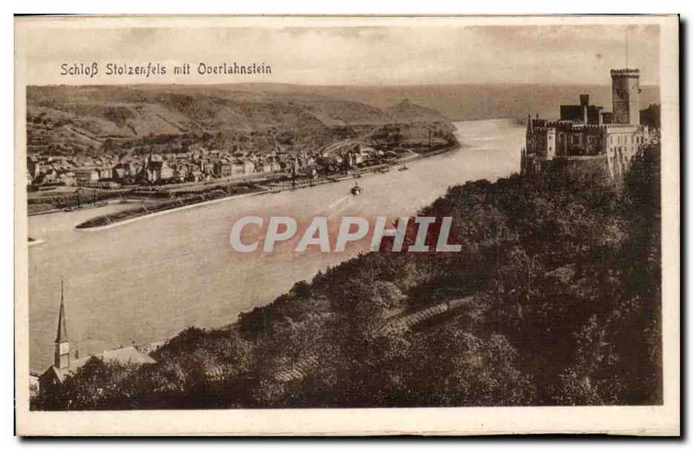 Schloß Stolzenfels com Oberlahnstein — vista do castelo e do vilarejo na margem do rio Lahn — editor não identificado - Frente