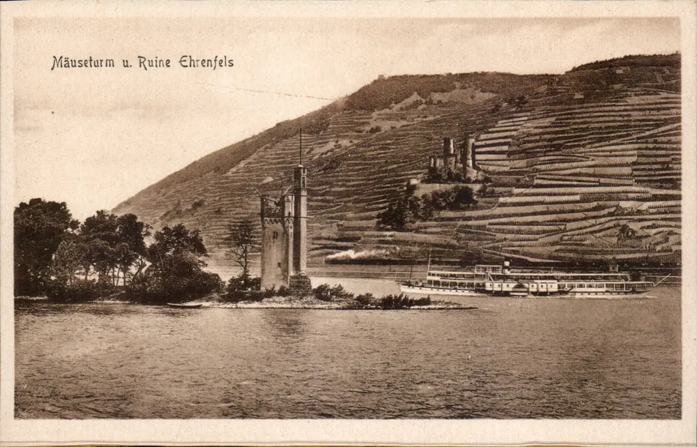 Mäuseturm e Ruínas de Ehrenfels — vista do Reno com barco — Stengel & Co., Dresden - Frente