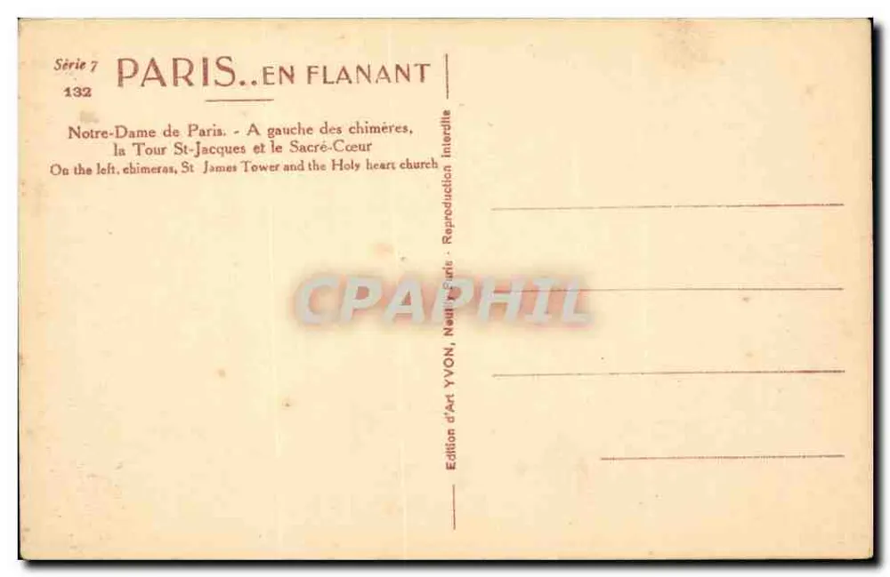 Notre-Dame de Paris — Links der Chimären, die Turm St-Jacques und der Sacré-Cœur — Art Edition YVON, Paris - Rückseite