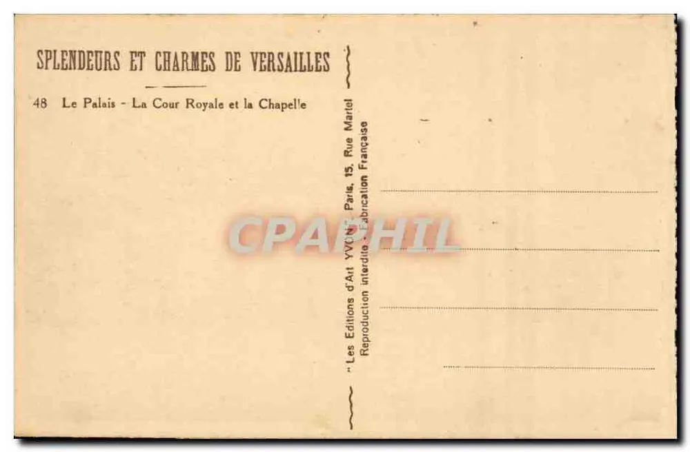 Palácio Real - A Cour Real e a Capela — Les Éditions d'Art Yvart, Paris - Verso