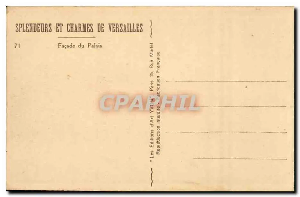 Fachada do Palácio — Versailles — Éditions d'Art Yvon - Verso