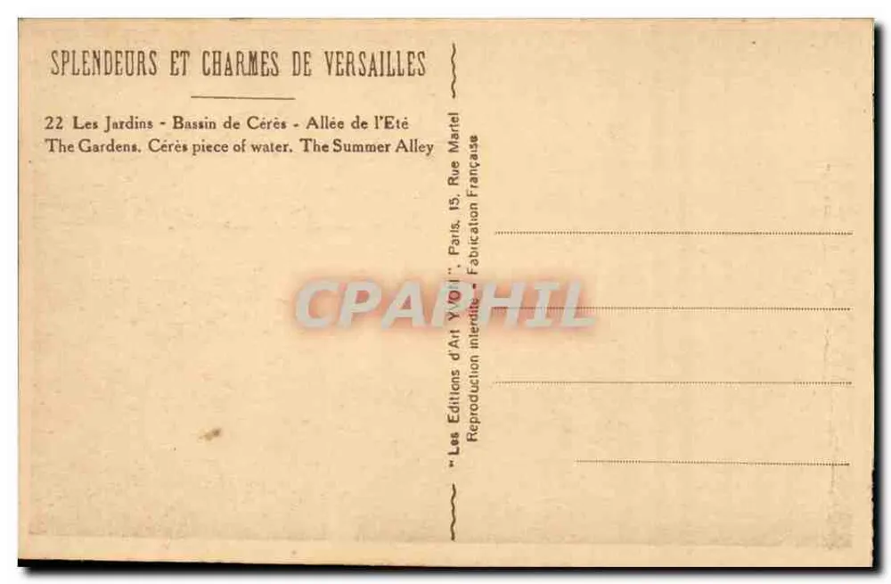Die Gärten von Versailles — Bassin de Cérès — Allée de l'Été — Éditions d'Art YOII - Rückseite