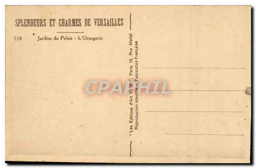 Jardins do Palácio - A Orangerie — Versailles — Éditions du Palais, 15 Rue Française, Paris - Verso