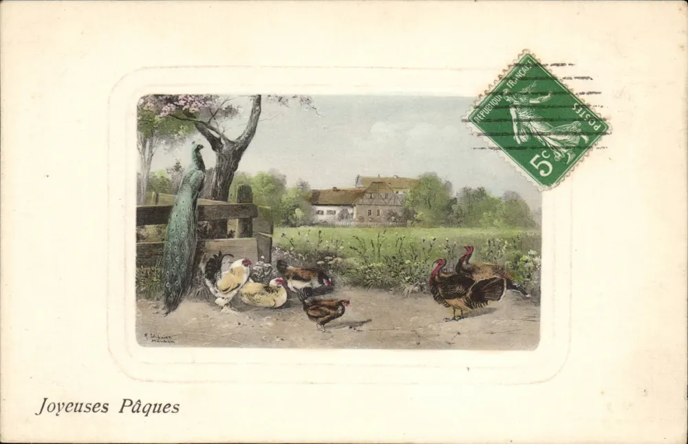Paisagem rural com pavão e galinhas — Felizes Páscoas — H. Wissman, editor, n° 2133 - Frente