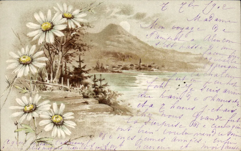 Lago de Annecy — paisagem lacustre com flores de margarida — editor anônimo - Frente