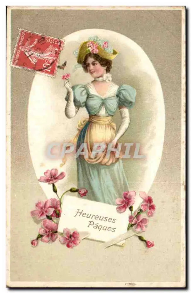Frau in Blauem Kleid und Blumengeschmücktem Hut — Frohe Ostern — Verleger nicht sichtbar - Vorderseite