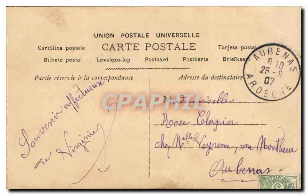 Frau in einem blumengeschmückten Kleid mit einem großen Blumenstrauß — Ansichtskarte Nr. 6660 — Union Postale Universelle - Rückseite