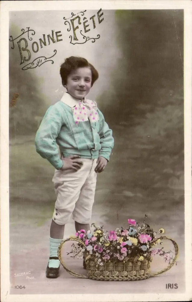 Kind mit Blumenkorb — Frohe Geburtstagskarte — SAZERAC Phot. n°1064 - Vorderseite