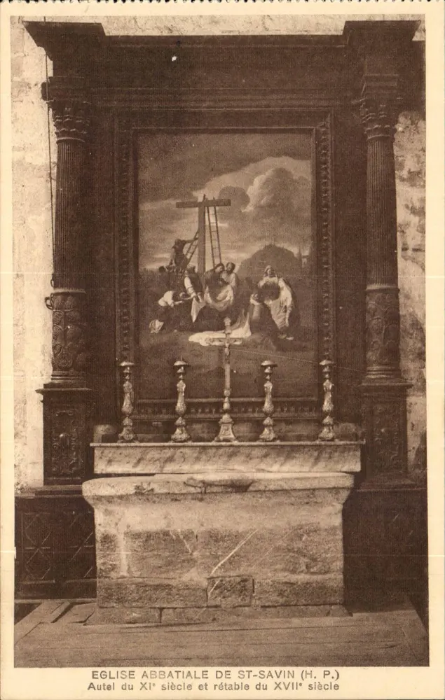 Abteikirche St-Savin — Altar des 11. Jahrhunderts und Retabel des 17. Jahrhunderts — H. P. - Vorderseite