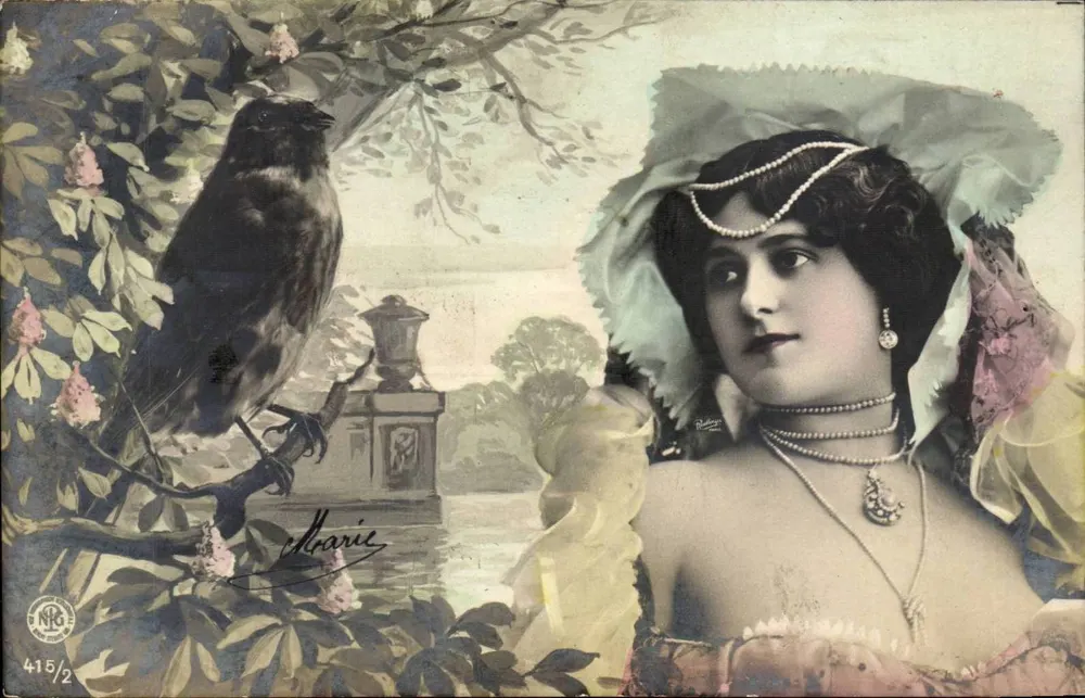 Frau in Kleid und Schleier — Vogel sitzt — Verlag NRC, Nr. 415/2 - Vorderseite