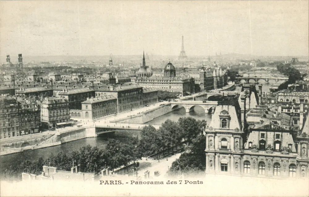 Paryż - Panorama 7 mostów — widok z lotu ptaka rzeki Seiny z Eiffel Tower na tle - Awers