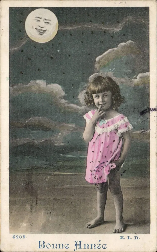 Mädchen in einem rosa Kleid — unter einem sternklaren Himmel mit einem lächelnden Mond — E.L.D. n°4205 - Vorderseite