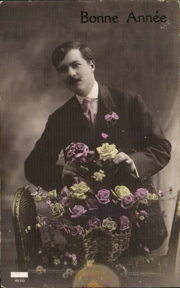 Mann im Anzug mit Rosenstrauß — Frohe Neujahr — anonymer Verleger, n° 4220 - Vorderseite