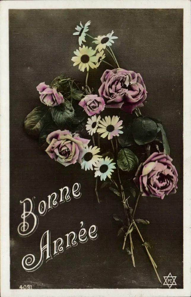 Blumenstrauß aus Rosen und Margeriten — Frohe Neujahr — Verlag PCX, n° 4091 - Vorderseite