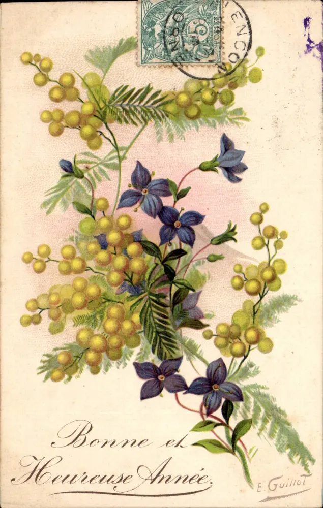 Blütenstrauß aus Mimosen und blauen Blumen — Frohe Neujahr — E. Guillot - Vorderseite