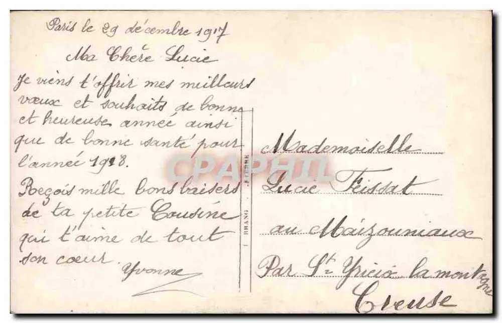Frau in Pelzmantel und Hut — Tannenbaumdekor — Text 'Gutes Neues Jahr' — Verlag nicht sichtbar - Rückseite