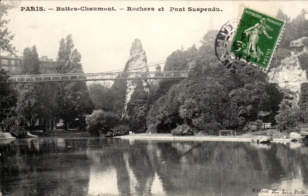 Paris — Buttes-Chaumont — Felsen und Hängebrücke — Ausgabe E. L., Paris - Vorderseite