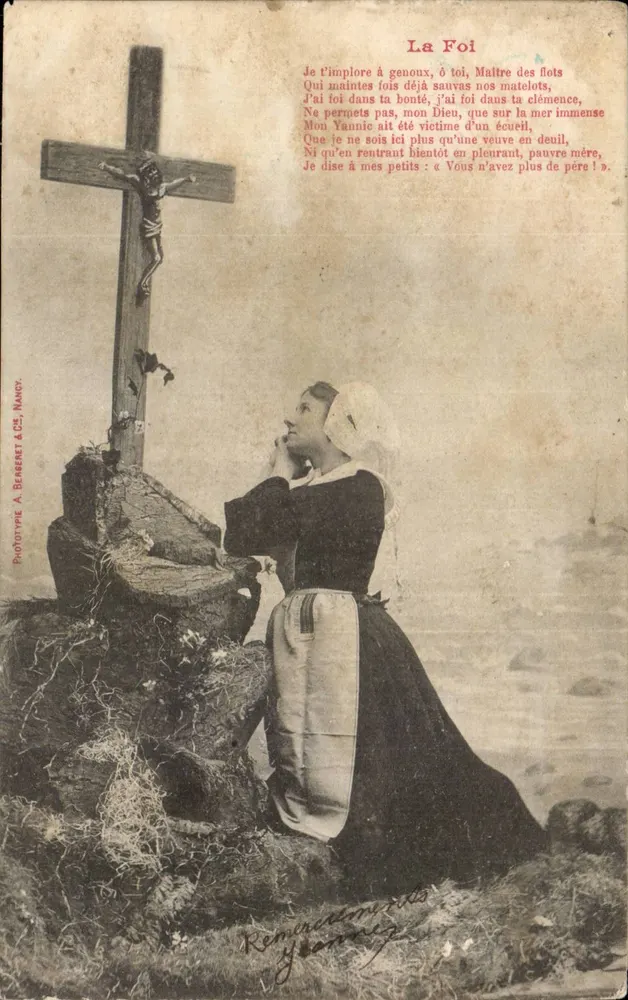 Frau in Gebet vor einer Kreuzigung — religiöse Szene — Phototypie A. Bennebet & Cie, Nancy - Vorderseite